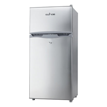 Silver Glacio compact refrigerator with top freezer, sleek design for small spaces