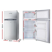 Compact 100cm silver fridge freezer with dimensions, ideal for small kitchens and budget shopping