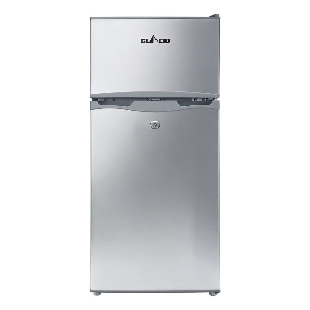 Stainless steel Glacio mini fridge with freezer, compact design for small spaces