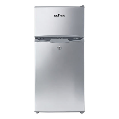 Stainless steel Glacio mini fridge with freezer, compact design for small spaces