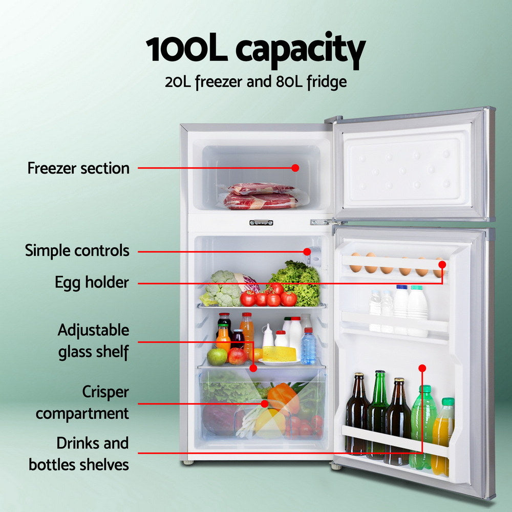 100L compact fridge freezer with 20L freezer, 80L fridge, adjustable shelves, egg holder, crisper, drinks storage