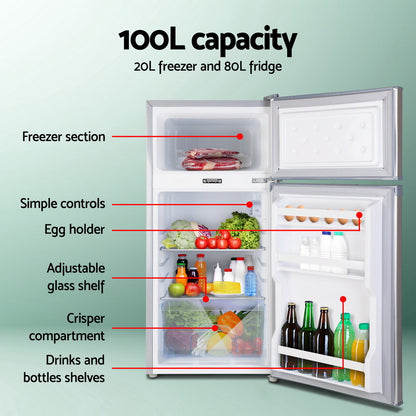 100L compact fridge freezer with 20L freezer, 80L fridge, adjustable shelves, egg holder, crisper, drinks storage