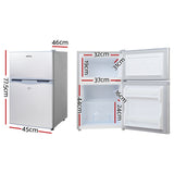 Compact 2-door mini fridge with dimensions, ideal for small spaces and budget-friendly storage