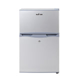 Compact silver Glacio mini fridge with top freezer, ideal for small spaces and budget shopping