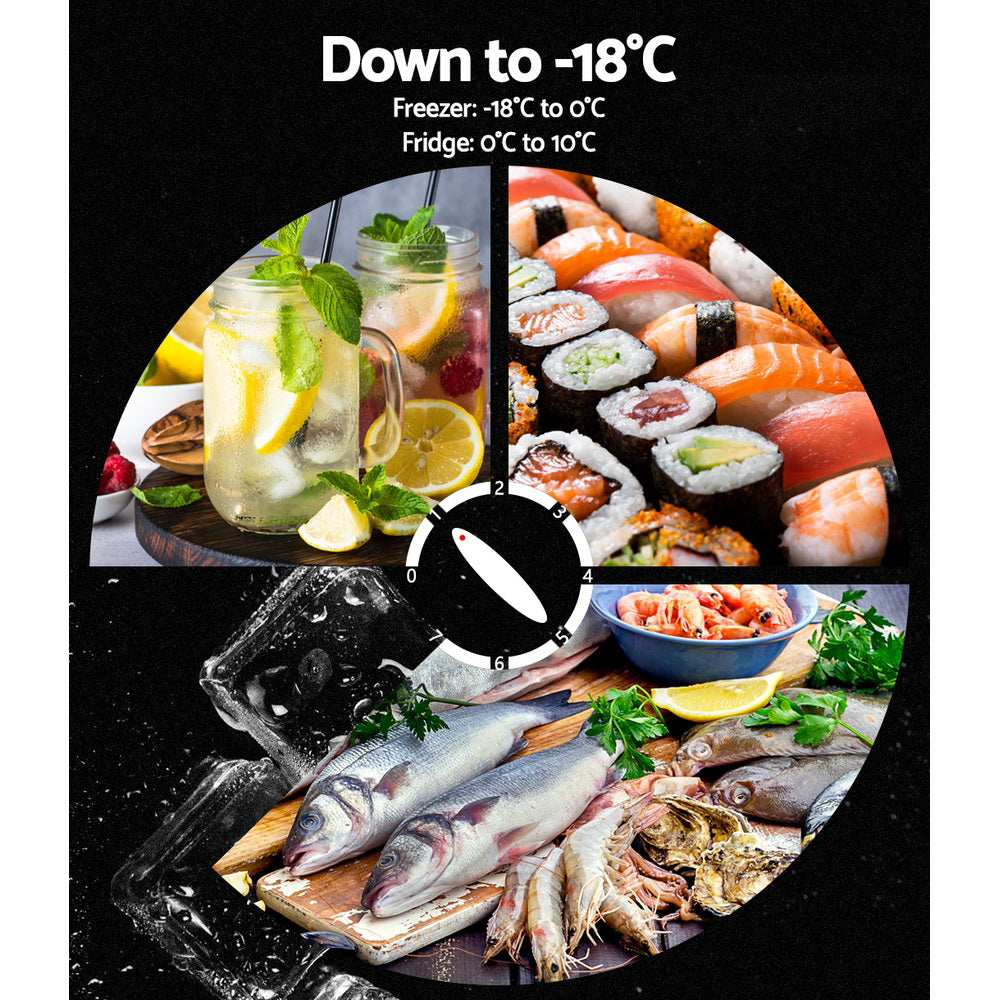 Refrigerator with -18°C freezer, fresh sushi, fish, shrimp, and lemon drinks displayed