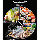Refrigerator with -18°C freezer, fresh sushi, fish, shrimp, and lemon drinks displayed