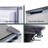 Compact fridge features: extra-thick insulation, sleek finish, heavy-duty hinge, adjustable feet for stability
