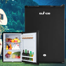 Black Glacio mini fridge with open door, stocked with drinks, eggs, and fresh produce, ideal for camping or small spaces.