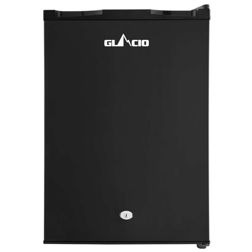 Black Glacio mini fridge with lock, compact design for home or office use