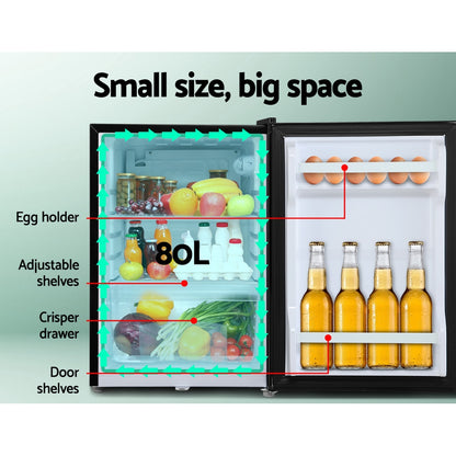 80L compact fridge with egg holder, adjustable shelves, crisper drawer, and door shelves for drinks and food