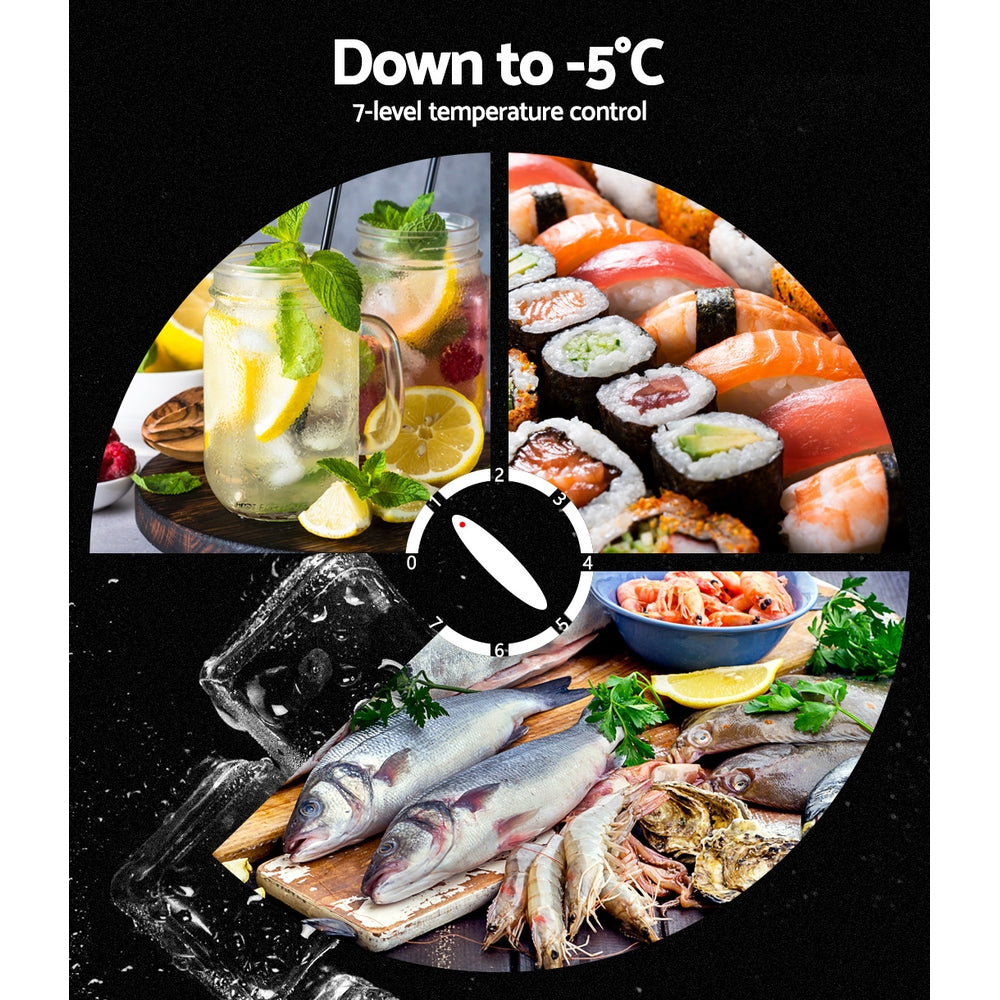 Refrigerator with 7-level temp control down to -5°C, perfect for sushi, seafood, drinks, and fresh food storage.
