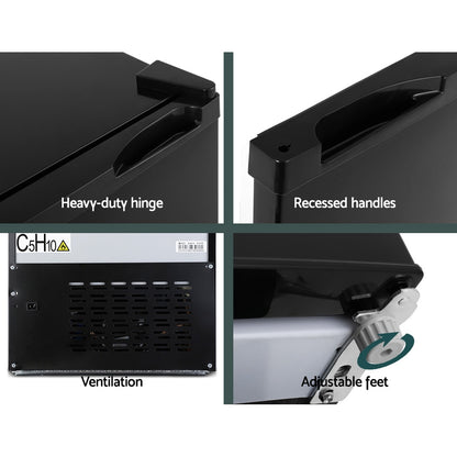 Black mini fridge with heavy-duty hinge, recessed handles, ventilation, and adjustable feet for stability