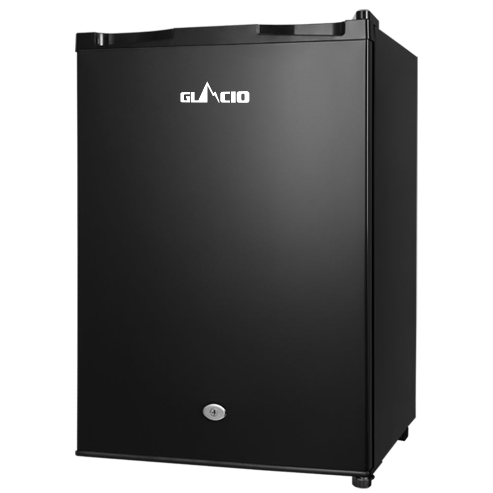 Black Glacio mini fridge with lock, compact beverage cooler for home or office use