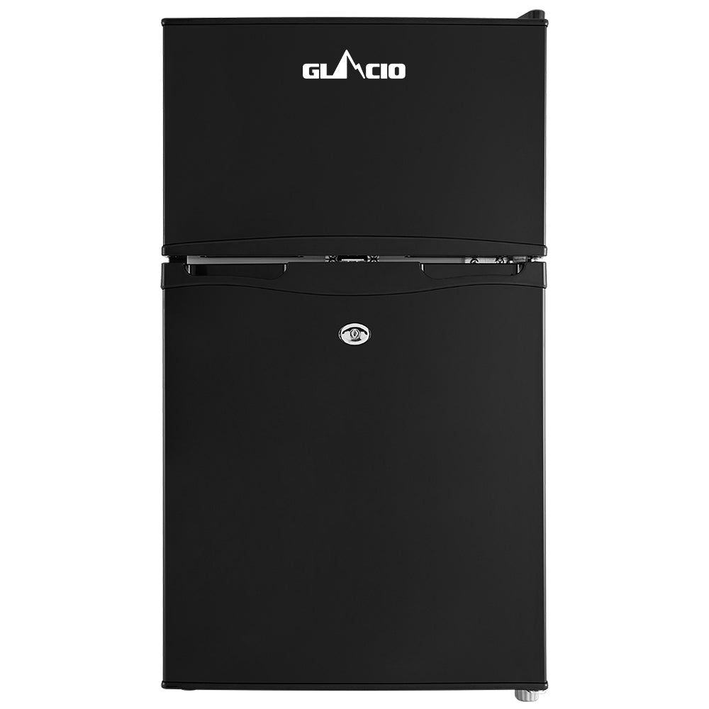 Black Glacio compact refrigerator with top freezer and lock, ideal for small spaces