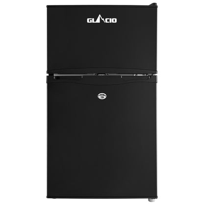 Black Glacio compact refrigerator with top freezer and lock, ideal for small spaces