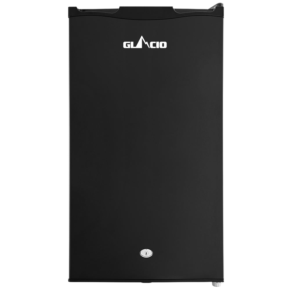 Black Glacio mini fridge with lock, compact beverage cooler for home or office use