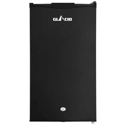 Black Glacio mini fridge with lock, compact beverage cooler for home or office use