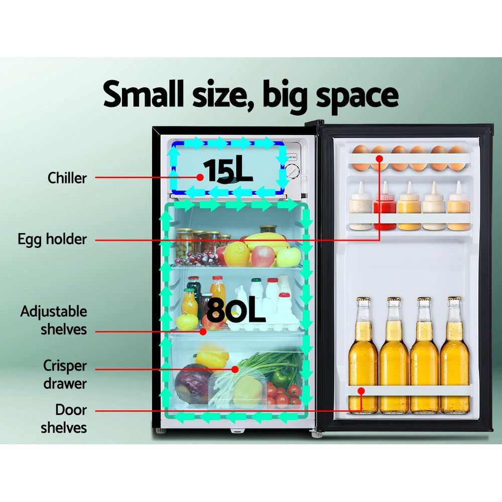 Compact 80L fridge with chiller, egg holder, adjustable shelves, crisper drawer, and door shelves for smart storage