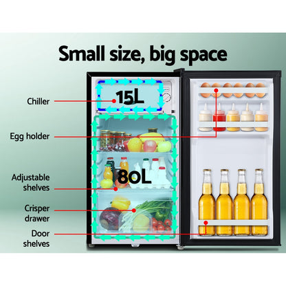 Compact 80L fridge with chiller, egg holder, adjustable shelves, crisper drawer, and door shelves for smart storage