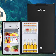 Compact GLACIO mini fridge stocked with drinks, eggs, and fresh produce, ideal for camping or small spaces.