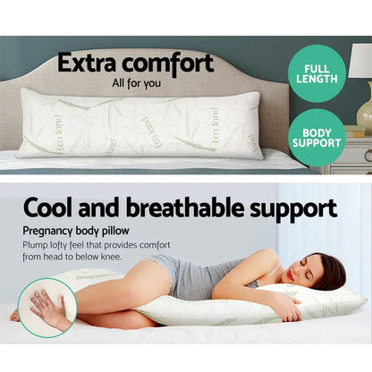 Pregnancy body pillow on bed with eco-friendly cover and woman lying in side-sleeping position for full-length support