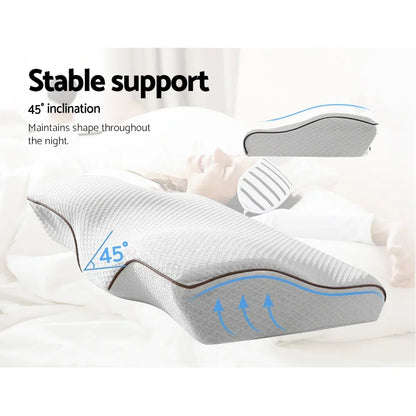 Ergonomic white pillow with 45° inclination and stable support maintaining shape throughout the night