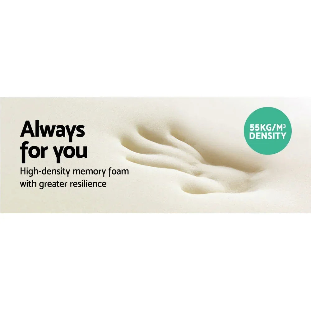 High-density memory foam with hand imprint and text promoting 55kg/m3 density and resilience