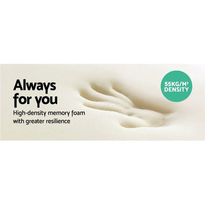 High-density memory foam with hand imprint and text promoting 55kg/m3 density and resilience