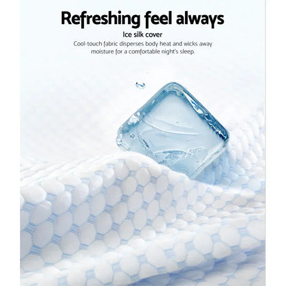 Close-up of white ice silk fabric with textured hexagonal pattern and melting ice cube on top