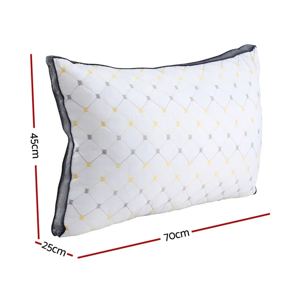 Rectangular white quilted pillow with yellow and gray diamond pattern, 70x45x25cm dimensions