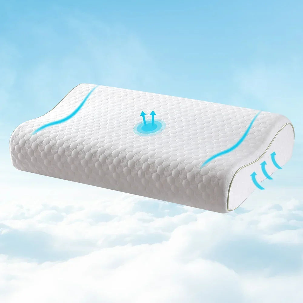 White ergonomic memory foam pillow with textured surface and blue airflow icons floating above clouds