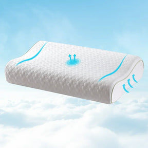 White ergonomic memory foam pillow with textured surface and blue airflow icons floating above clouds