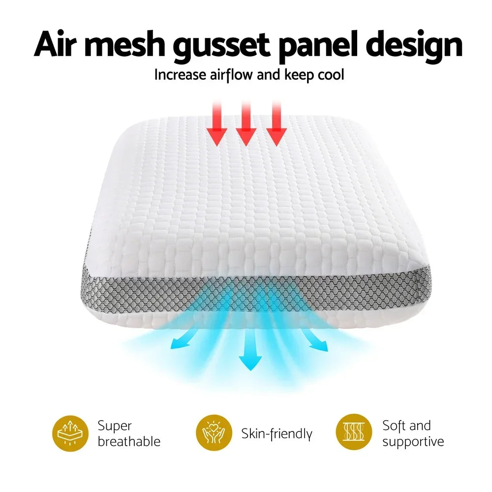 White pillow with air mesh gusset panel design for increased airflow, breathable, skin-friendly, soft, and supportive