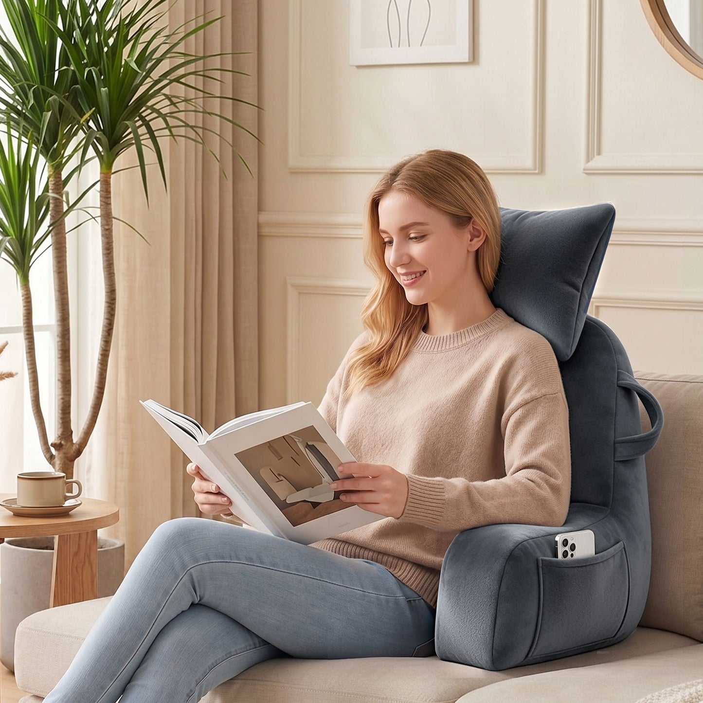 Giselle Bedding Reading Pillow with Neck Roll and Armrests Grey
