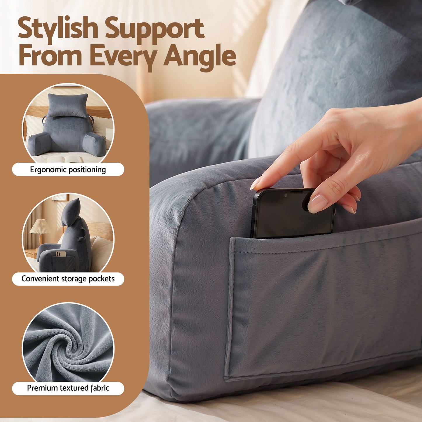 Giselle Bedding Reading Pillow with Neck Roll and Armrests Grey