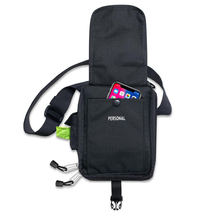 Waist and shoulder straps with the shoulder strap doubling as a dog lead, plus a silicon pet bowl