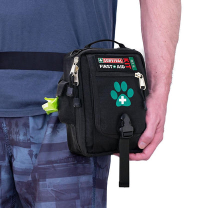 Tick removal spoon, tweezers, shears and digital thermometer included in the pet first aid kit