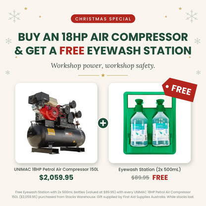 Christmas Special: UNIMAC 18HP Petrol Air Compressor 150L + FREE Eyewash Station