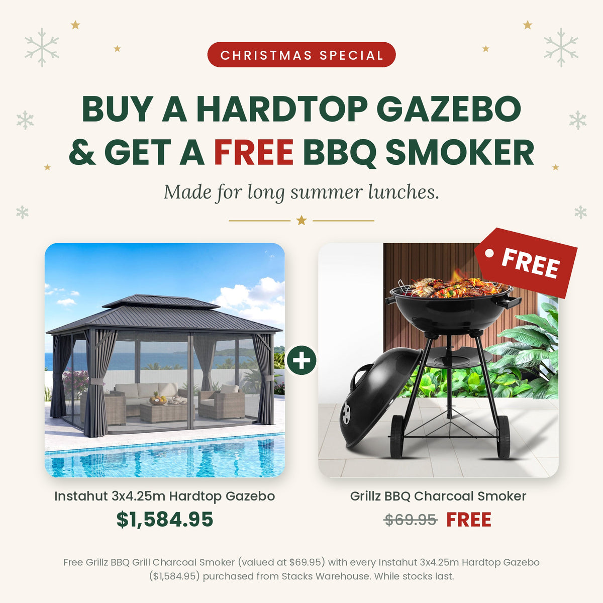 Christmas Special: Instahut 3x4.25m Hardtop Gazebo + FREE Grillz BBQ Charcoal Smoker