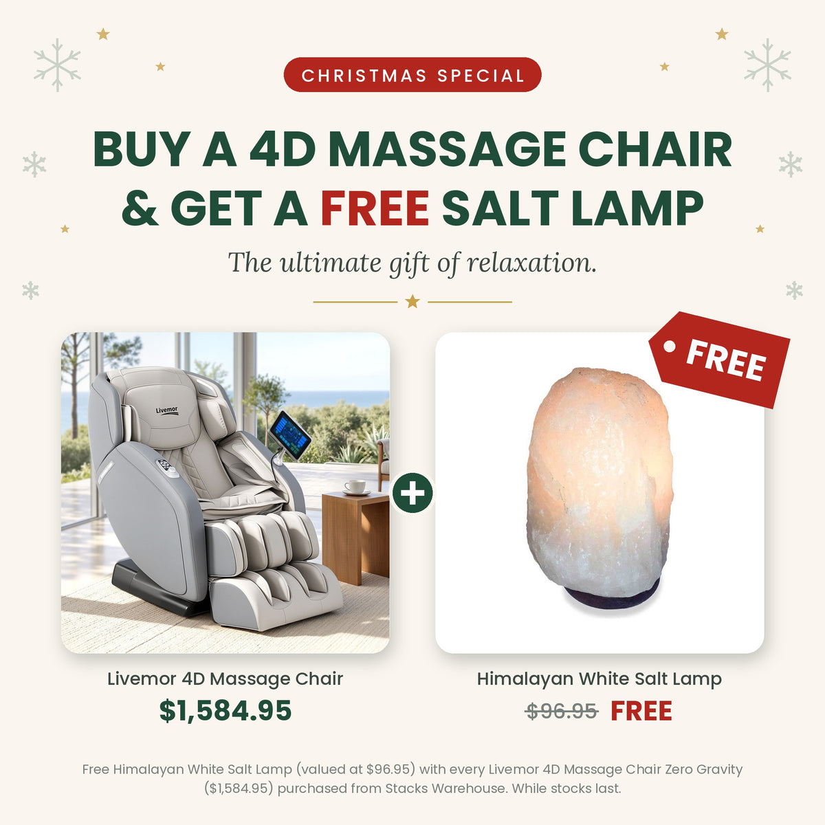 Christmas Special: Livemor 4D Massage Chair + FREE Himalayan White Salt Lamp