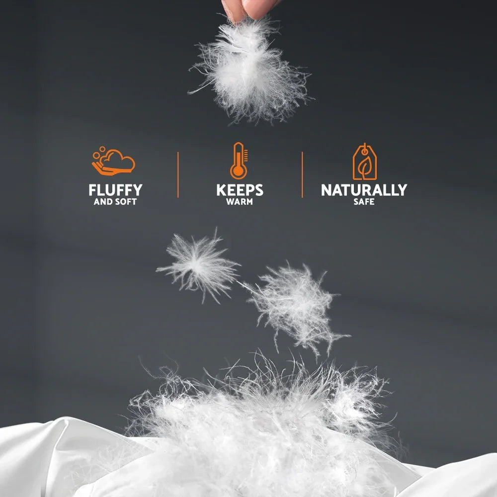 Hand holding soft goose down clusters above white bedding, showing fluffy, warm, natural fill.