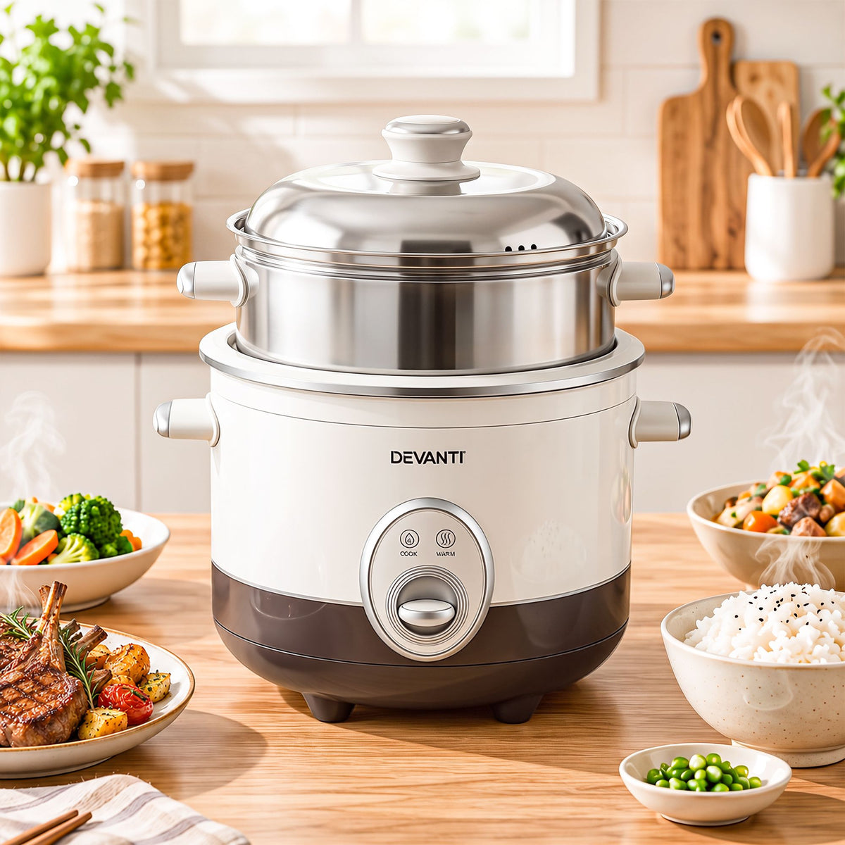 Devanti 3L Rice Cooker with Steamer, 6 Cup - Beige