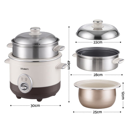 Devanti 3L Rice Cooker with Steamer, 6 Cup - Beige - view 3