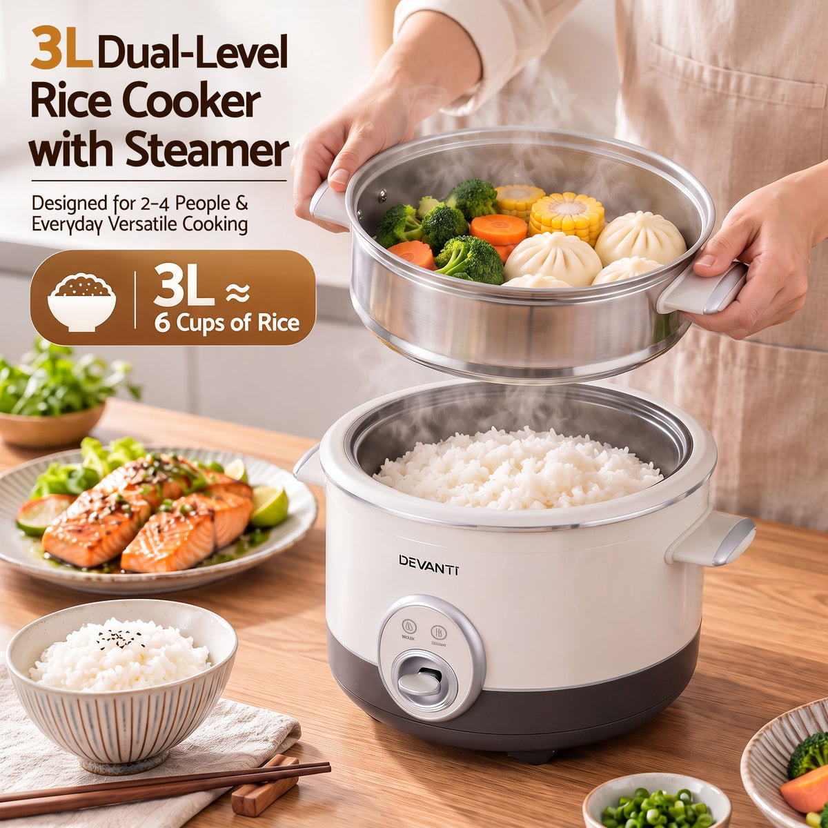 Devanti 3L Rice Cooker with Steamer, 6 Cup - Beige - view 5
