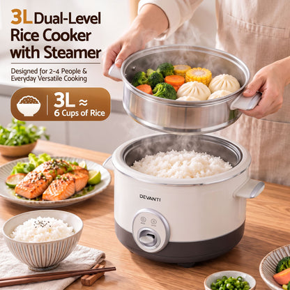 Devanti 3L Rice Cooker with Steamer, 6 Cup - Beige - view 5