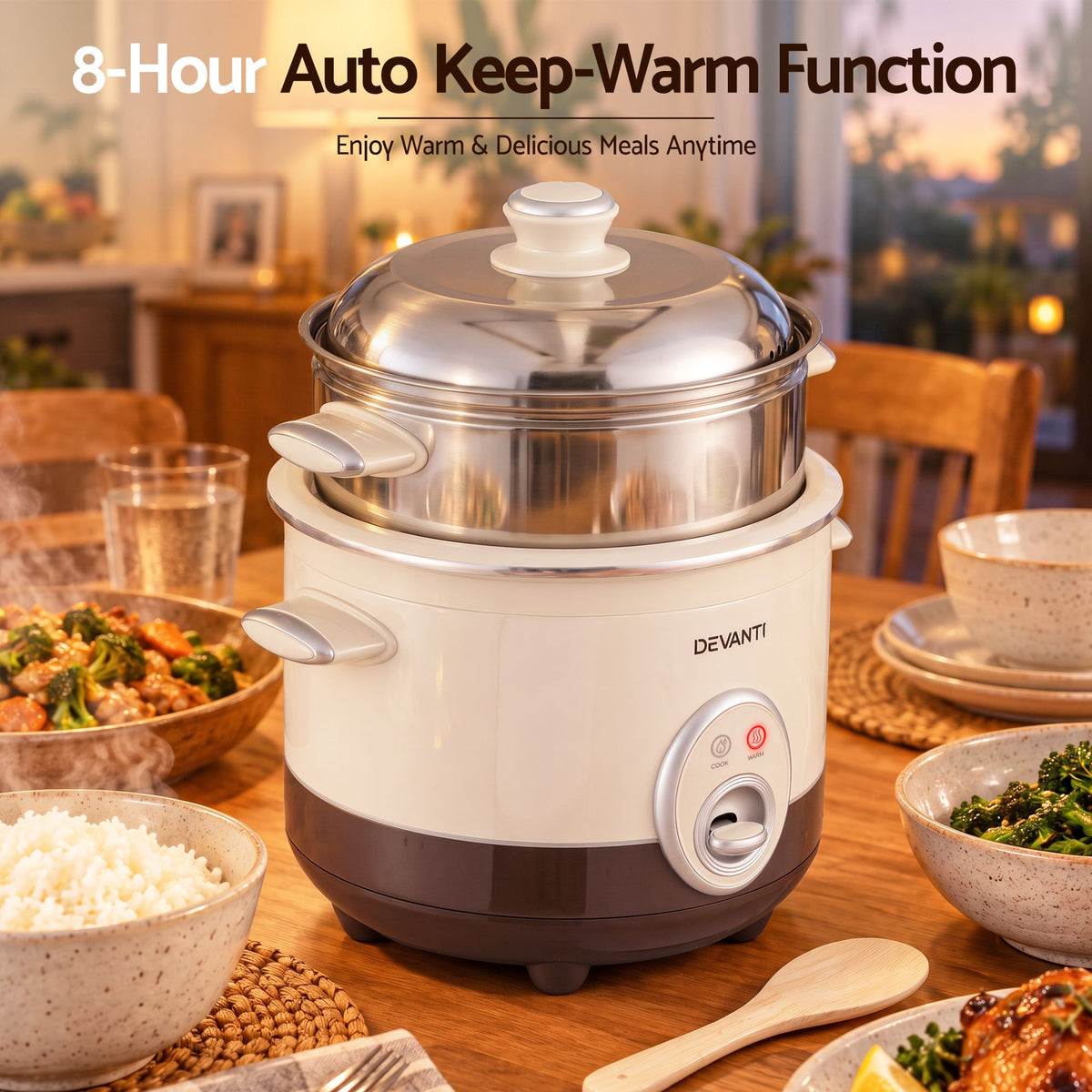 Devanti 3L Rice Cooker with Steamer, 6 Cup - Beige - view 8
