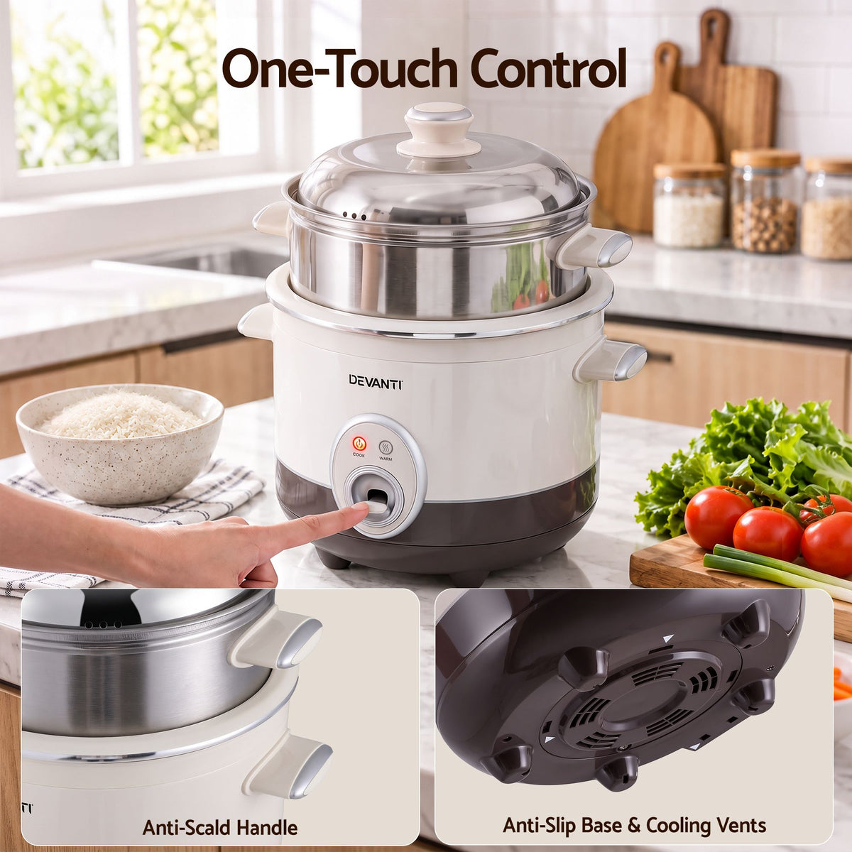 Devanti 3L Rice Cooker with Steamer, 6 Cup - Beige - view 10