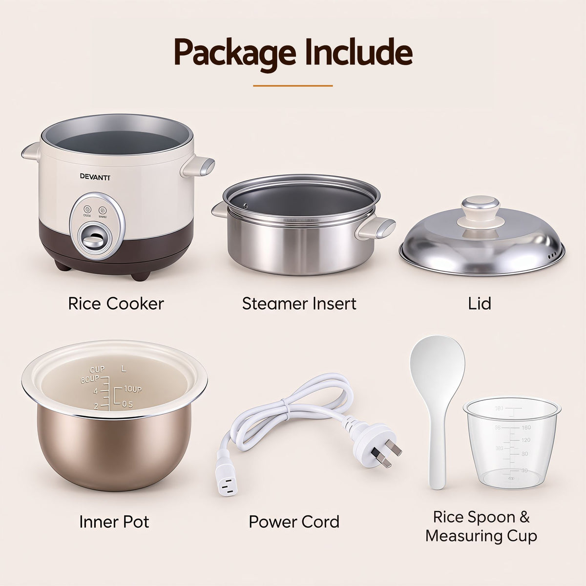 Devanti 3L Rice Cooker with Steamer, 6 Cup - Beige - view 11