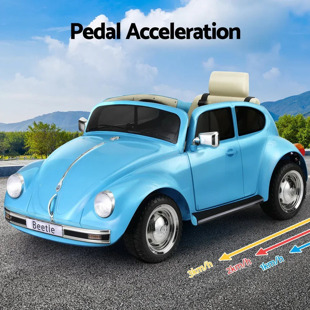 Licensed Volkswagen Beetle Kids Ride On Car - Blue 6V Electric with Remote & Horn