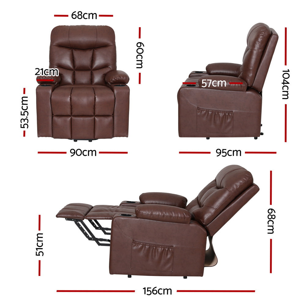 Artiss Lift Recliner Chair 8-Point Heated Massage 155° Recline Lumbar Heat PU Leather 180kg Brown
